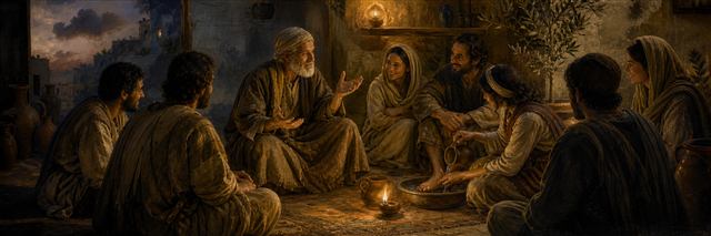 Witnesses welcoming neighbors into a bright gathering while clear water flows through the courtyard